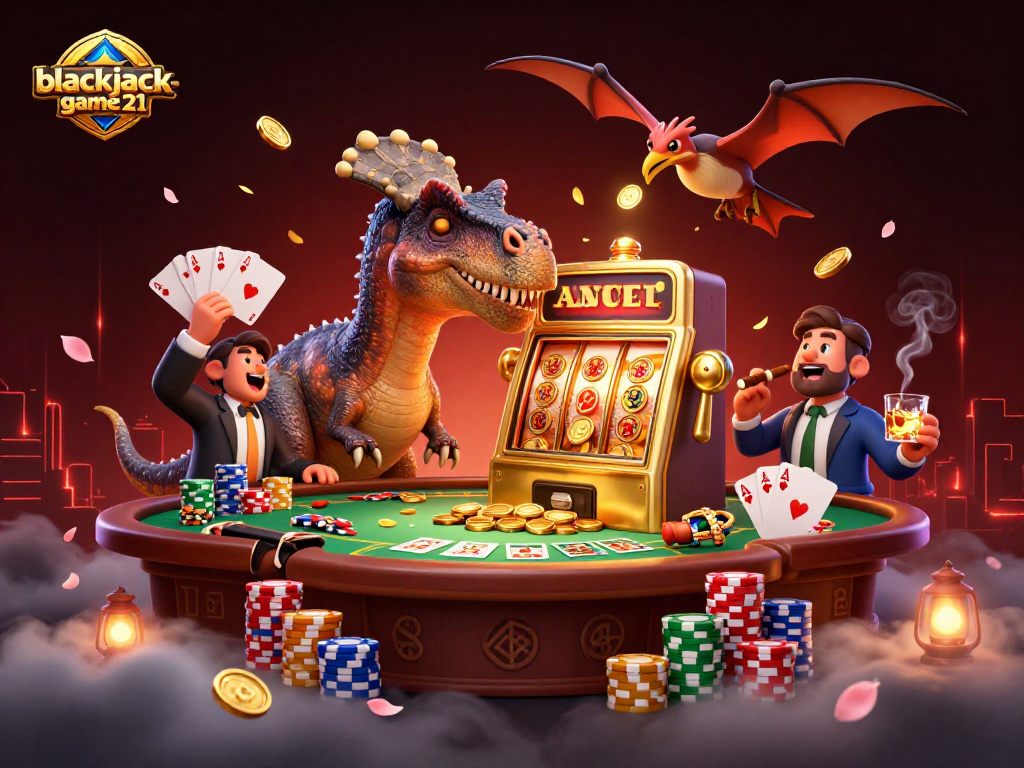Experience excitement at blackjack-game21 with a dinosaur jackpot scene and dynamic casino action.