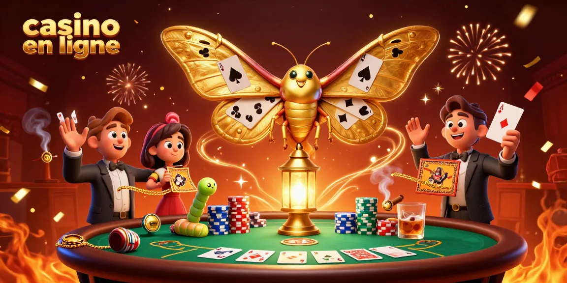 Illustration créative de casino en ligne avec un papillon et des éléments de jeu.