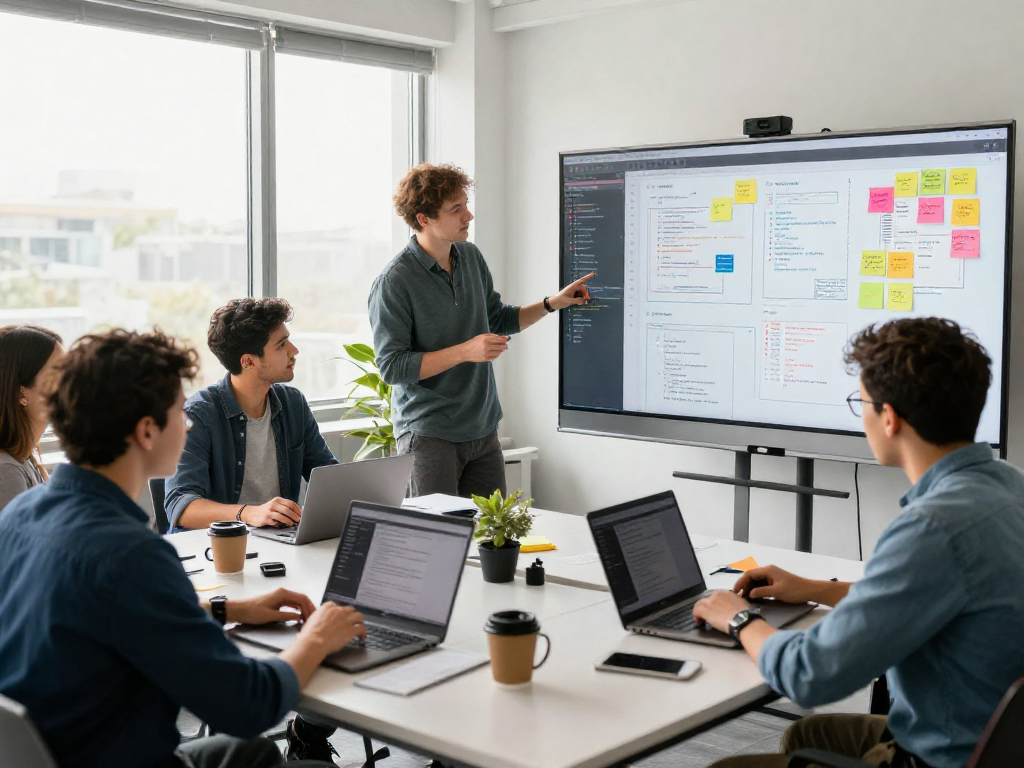 Equipo de desarrollo en sesión de brainstorming sobre Immediate Edge, con laptops y notas adhesivas en un ambiente de oficina moderno.