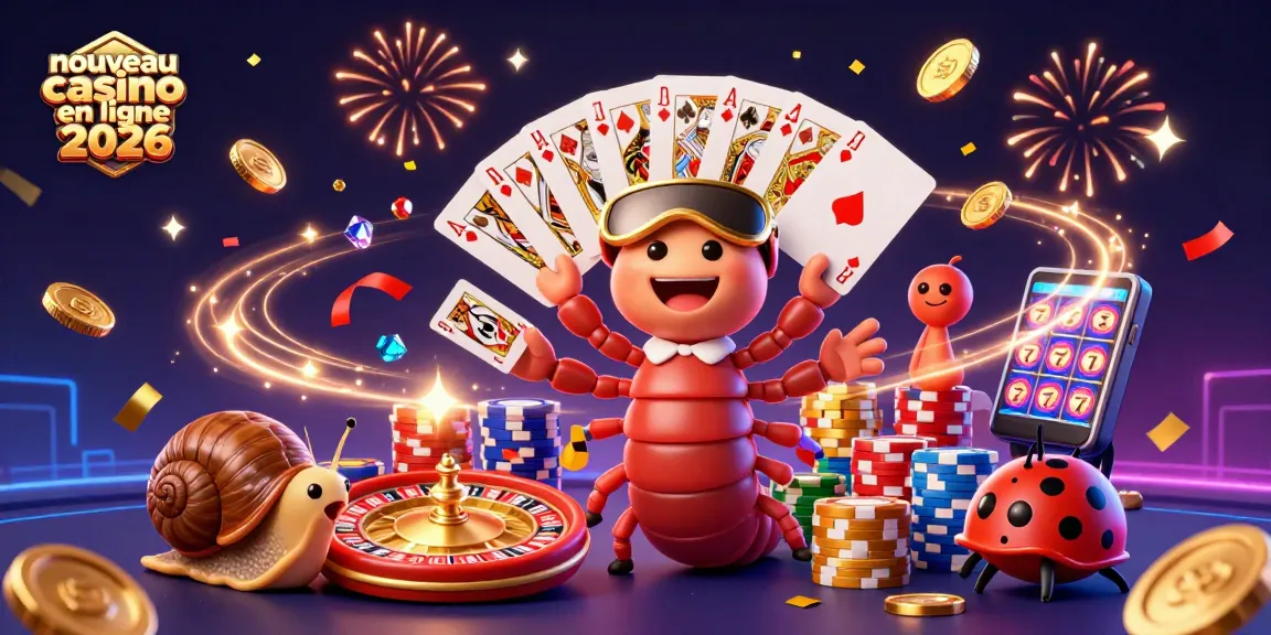 Visuel dynamique d'un nouveau casino en ligne 2026 avec un dealer millipède et des jetons géants.