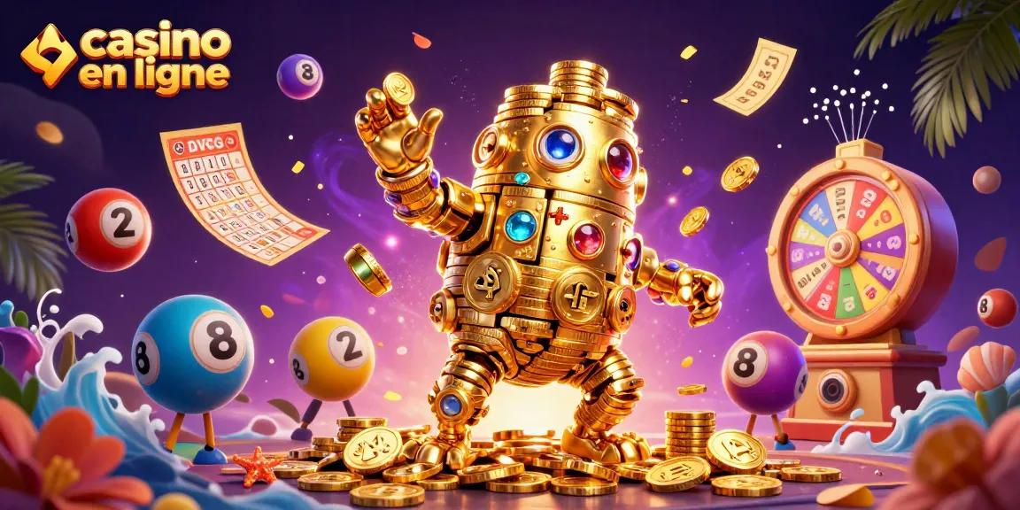 Illustration d'un golem doré animé dans un casino en ligne entouré de boules de loterie colorées et de billets dorés.