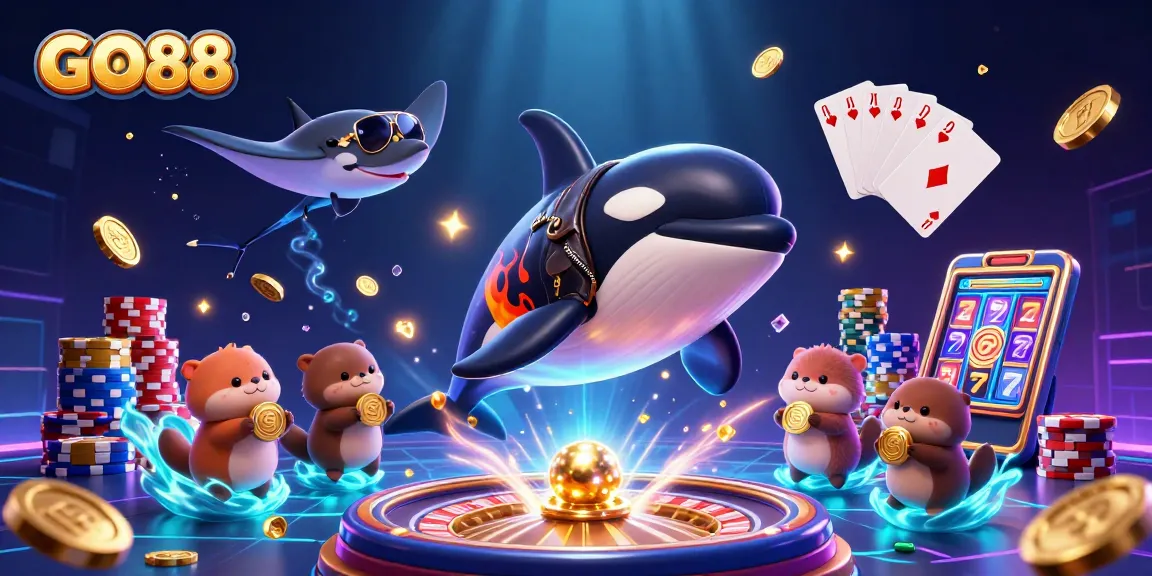 GO88 enhances gaming excitement with an orca, stingray, and otters, showcasing casino elements.