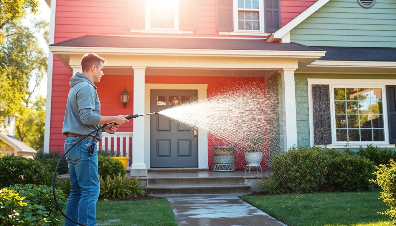 House Washing in action with a technician cleaning a home's exterior effectively.