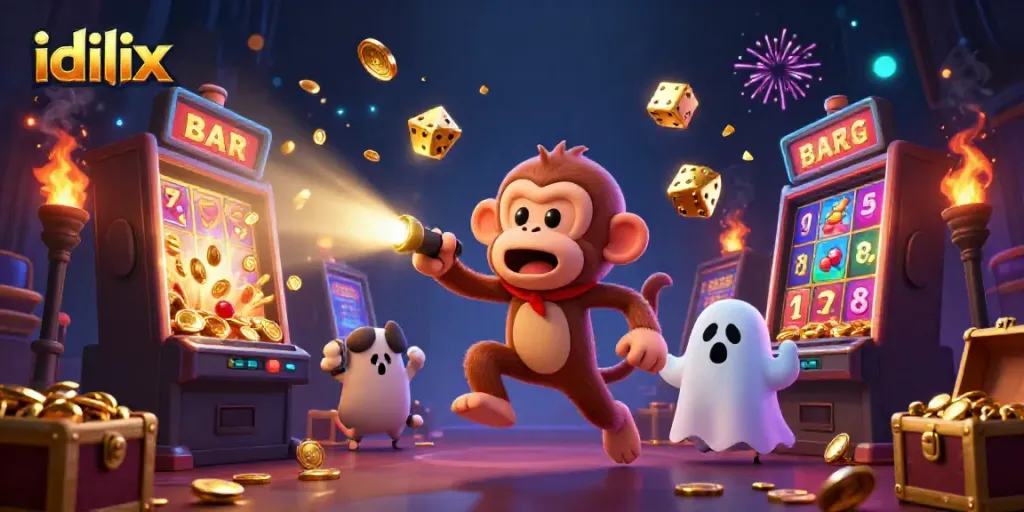 idlix monkey juggles coins in a haunted casino, showcasing thrilling gaming elements.