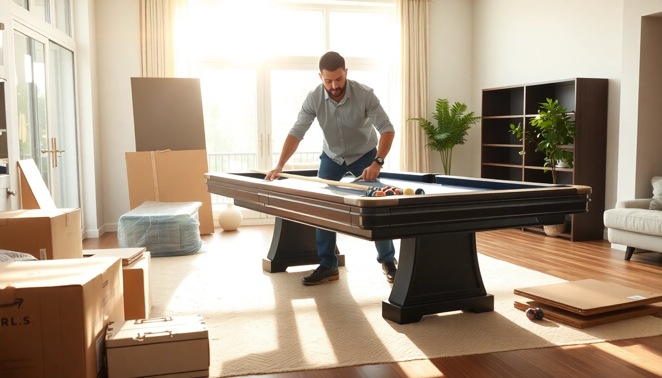 Pool table mover skillfully disassembles a slate pool table in a bright living room setting.