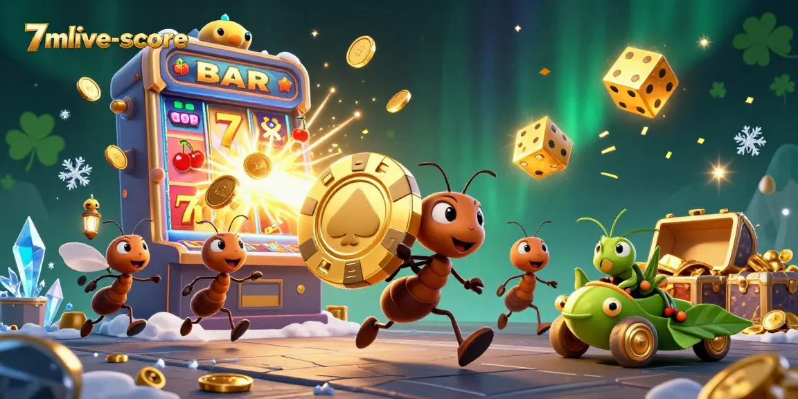 Engage with 7mlive-score as a team of cartoon ants heist golden casino chips through a vibrant gaming scene.
