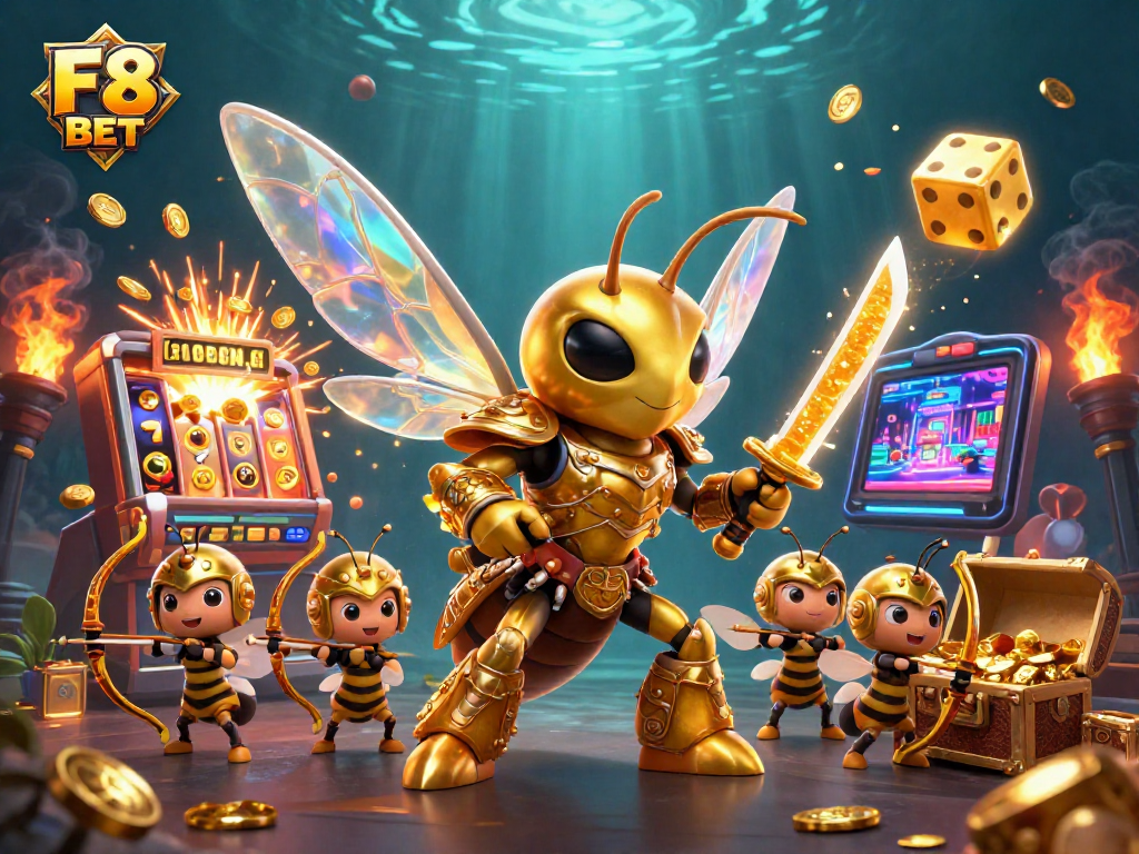 F8 BET showcases dynamic gameplay with a giant hornet warrior amidst casino elements like slots and vibrant treasures.