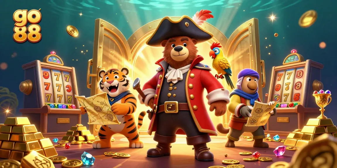 Experience go 88 action with a pirate bear and tiger amidst casino treasures in dynamic 3D illustration.