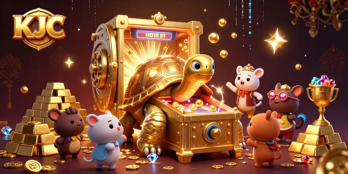 Engage with KJC's vibrant gaming scene featuring a colossal golden tortoise pinball machine with treasures.