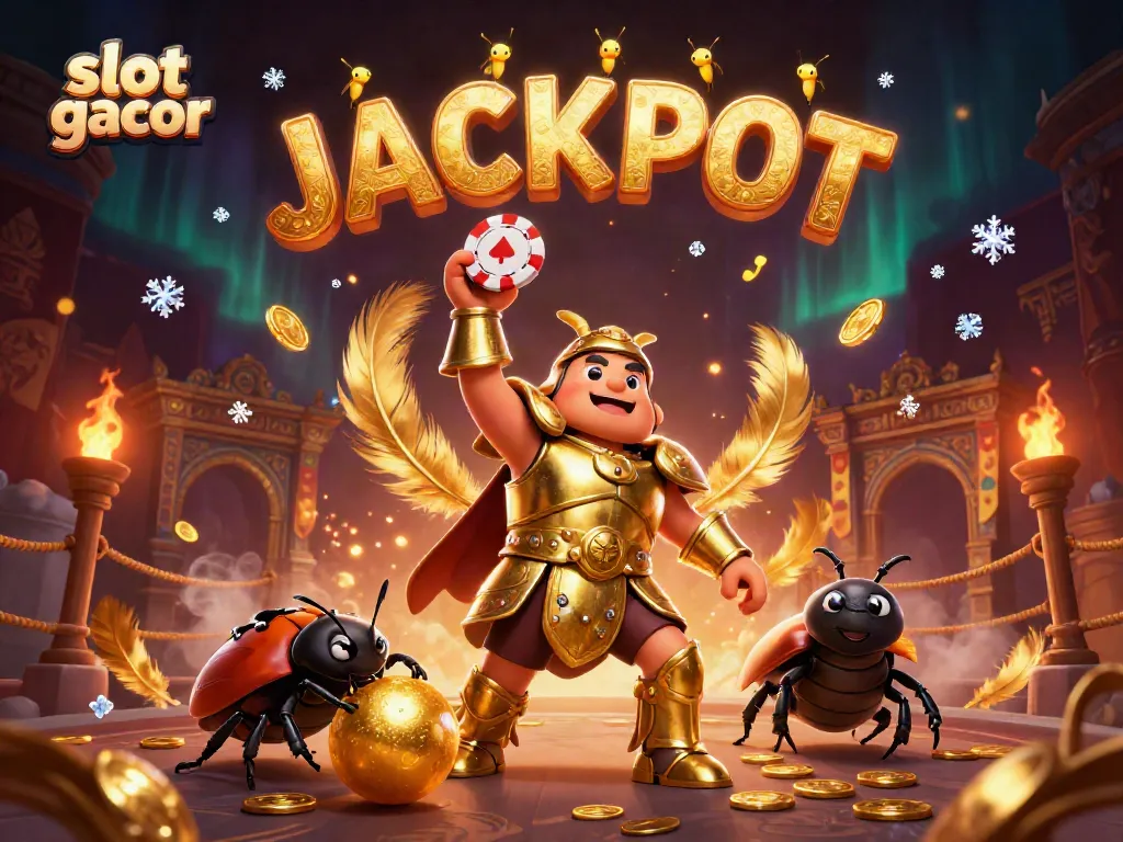 Menangkan slot gacor dengan beetle jagoan beraksi, simbol jackpot dan emas berkilau.
