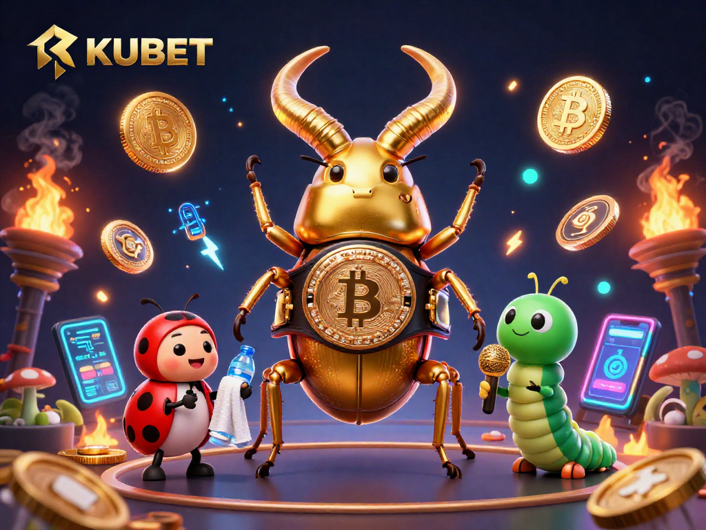 KUBET features a dynamic 3D cartoon scene of a golden stag beetle boxing champion, showcasing thrilling gambling elements in a vibrant casino setting.