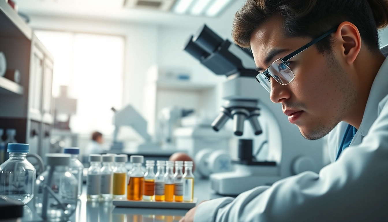 Buy peptide in a professional lab setting with a researcher examining samples under a microscope.