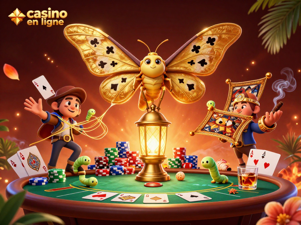 Jouez à des jeux captivants au casino en ligne avec des cartes et des jetons colorés dans une scène dynamique.