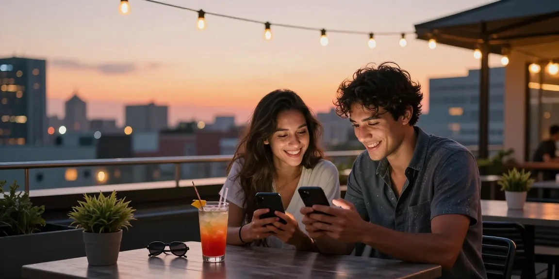 Flirty couple using smartphones for ai sexting on a cozy rooftop terrace during sunset.
