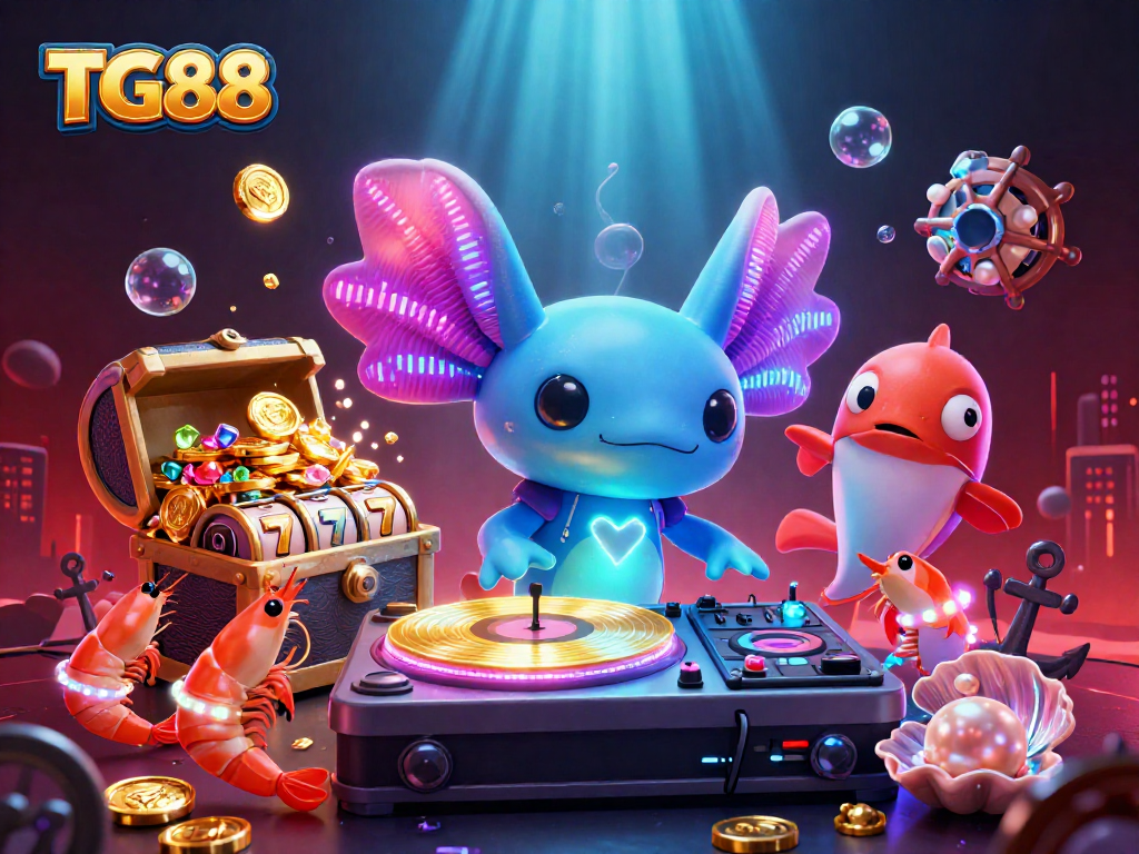 Spin the reels at TG88 with a vibrant underwater casino scene featuring neon axolotl DJ and shrimp dancers.