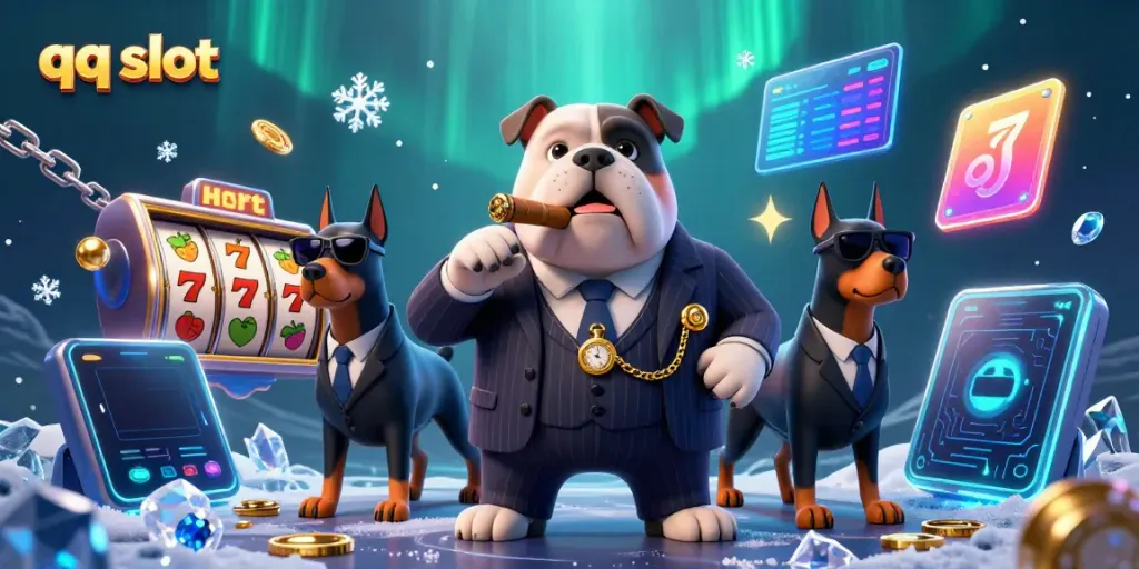 Engage with the qq slot experience featuring a 3D mafia bulldog and slot reels in a dynamic casino setting.