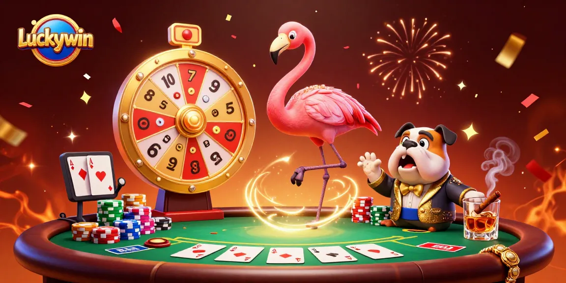 Experience the excitement of casino gaming with Luckywin's vibrant 3D scene featuring characters at a poker game.