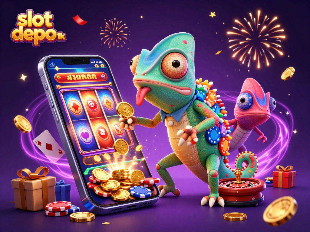 Play exciting games on slot depo 1k with a vibrant casino chameleon and dazzling elements.