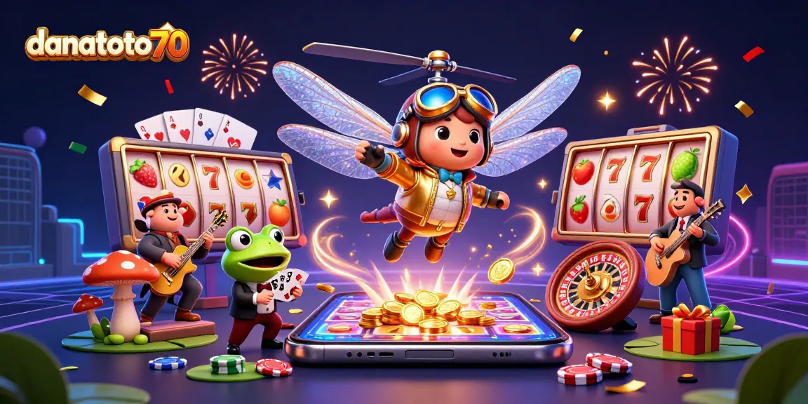 Experience the excitement of danatoto70 with vibrant slots and casino elements in a lively 3D illustration.