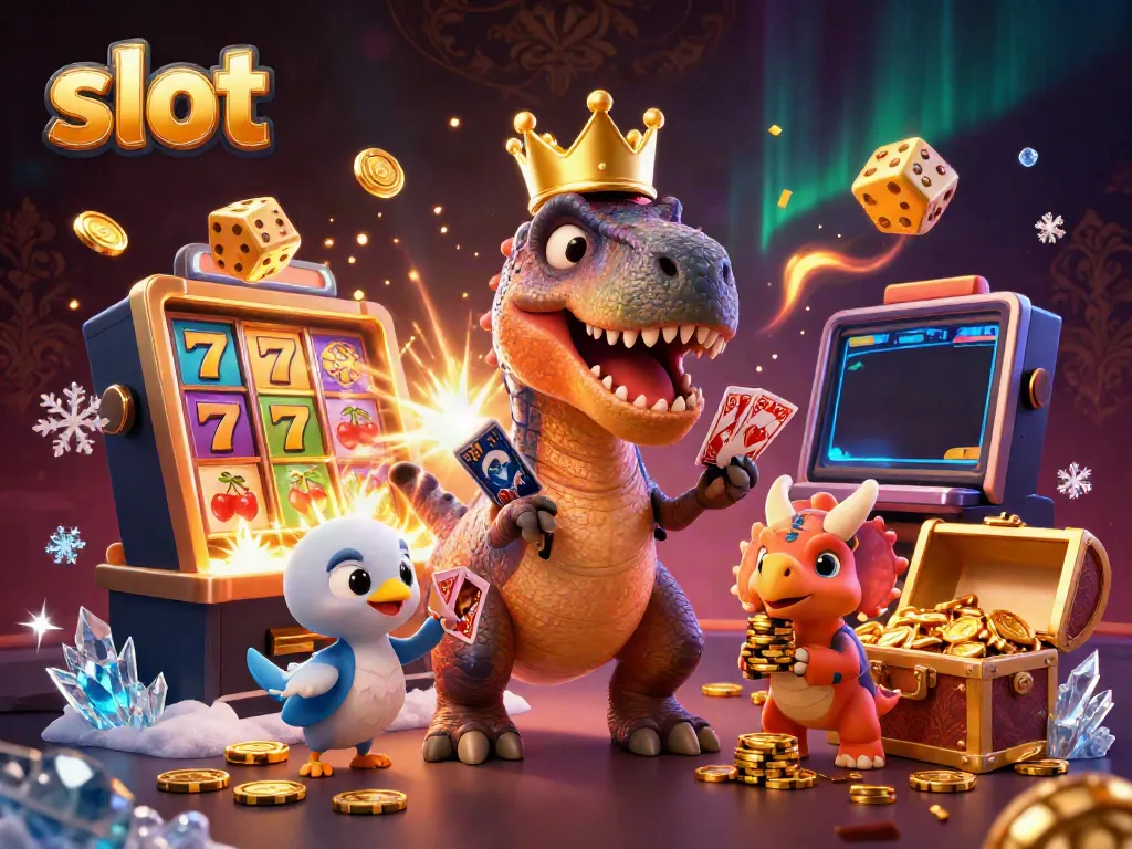 Engaging 3D cartoon scene showcasing a playful T-Rex and friends around an exciting slot machine.