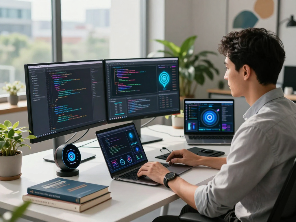 Developer using AI gf tools at a modern workstation with dual monitors and vibrant workspace decor.