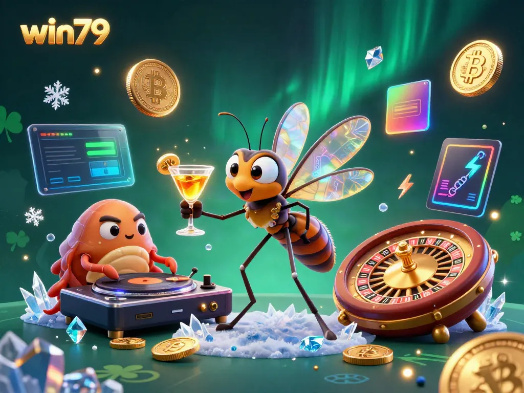 Engage with win79 Casino's unique frozen-in-amber mascot amidst vibrant digital elements and a casino atmosphere.