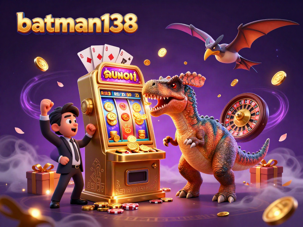 batman138 showcases an exciting jackpot moment with playful dinosaurs, vibrant casino elements, and dynamic action.