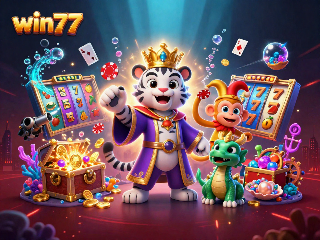 Menangkan permainan slot dengan win77 sembari menyaksikan harimau putih, monyet, dan naga dalam ilustrasi 3D.