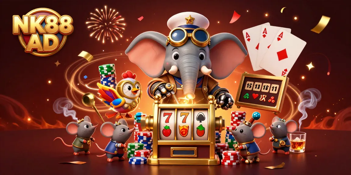 Engage with NK88 AD's colorful casino atmosphere through a dynamic steampunk celebration with slot machines and poker elements.