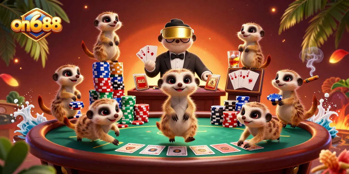 Experience the dynamic world of on688 with meerkats running a vibrant casino filled with poker excitement.