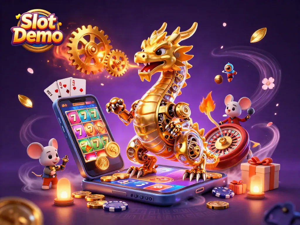 Experience the thrill of Slot Demo with a vivid 3D dragon and interactive gaming elements.