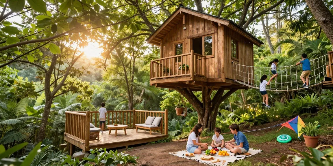Enjoying a family picnic in a tree house life retreat surrounded by nature.