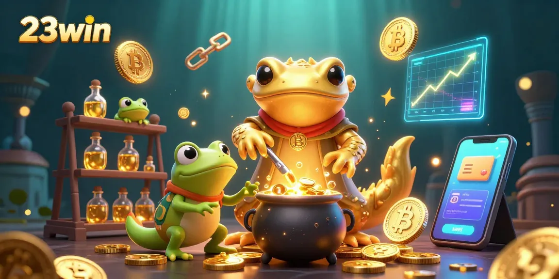 Engage with 23win's thrilling 3D casino scene showcasing alchemy and crypto gaming excitement.