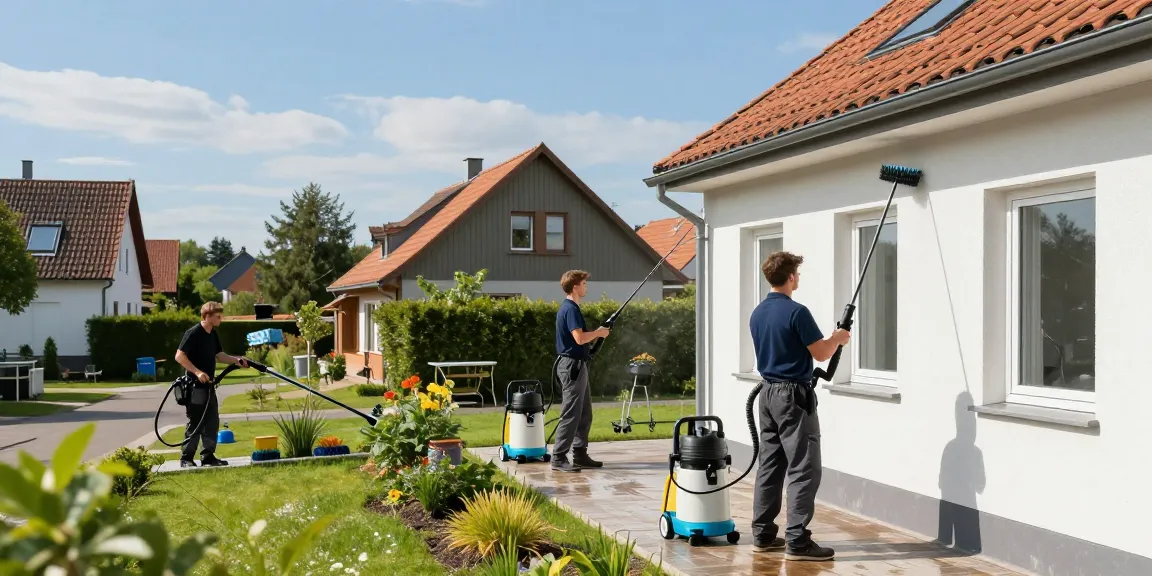 Reinigung Wadersloh: Professionelles Team bei der Fassadenreinigung im Freien.