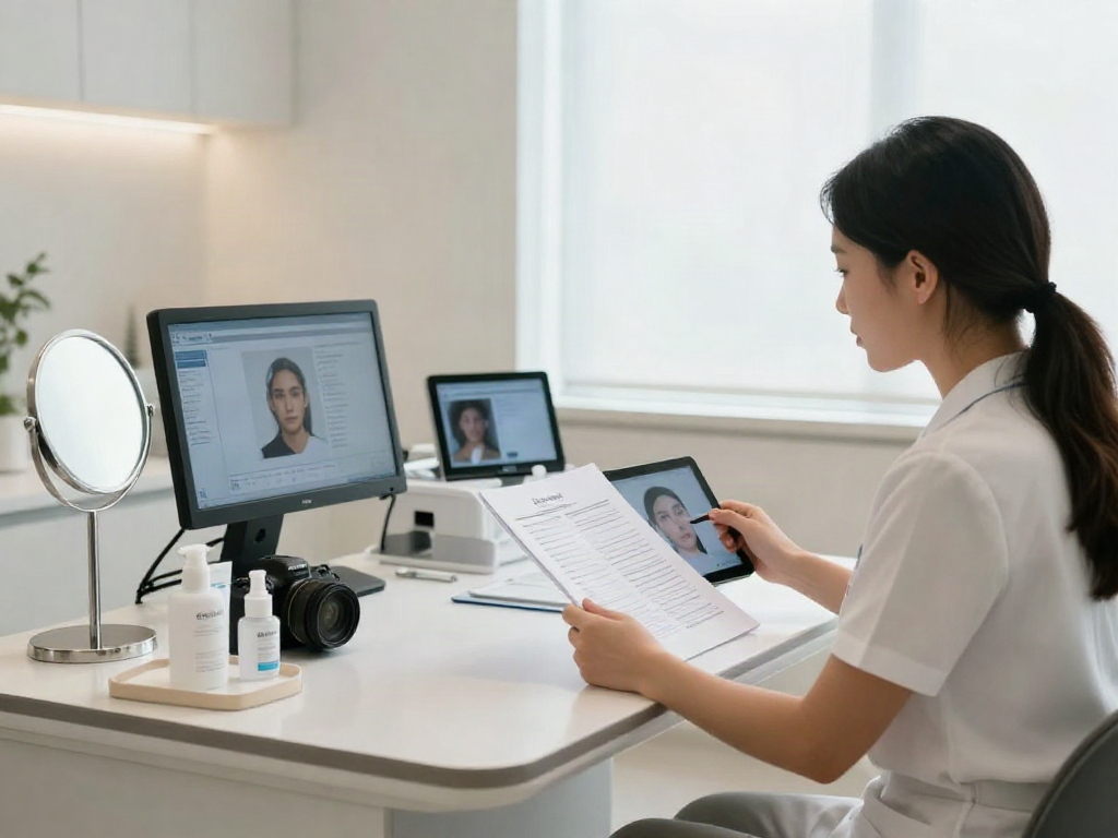 ClinicEvo vs QOVES facial analysis comparison in a bright consultation room with digital devices and a professional aesthetician.