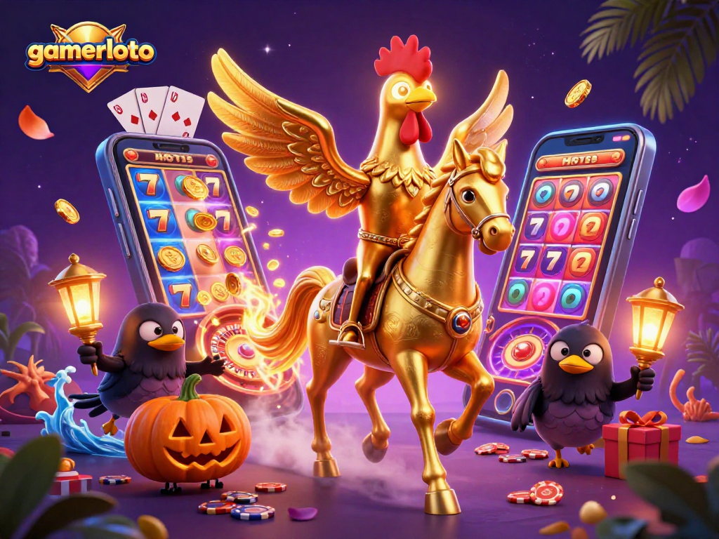 Engage with gamerloto by experiencing vibrant casino magic under a golden rooster's watchful gaze.