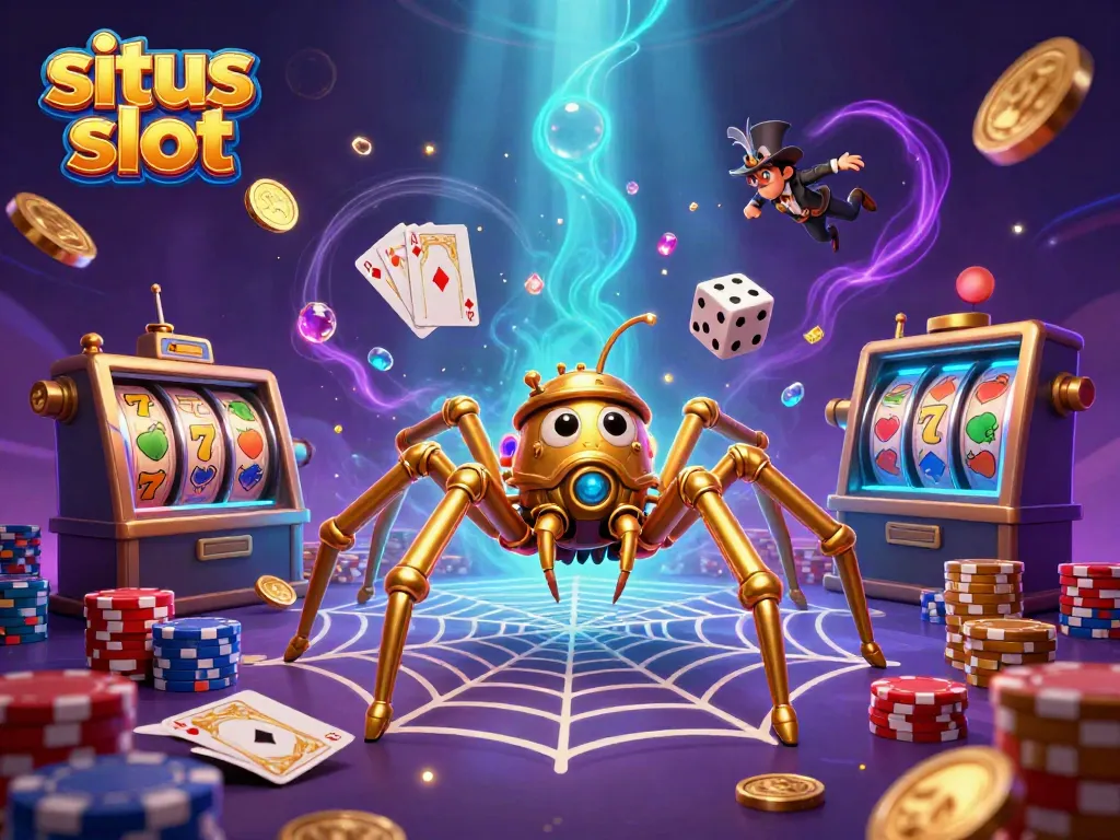 Bermain di situs slot dengan karakter menarik dalam ilustrasi pemandangan kasino yang kaya dan dinamis.