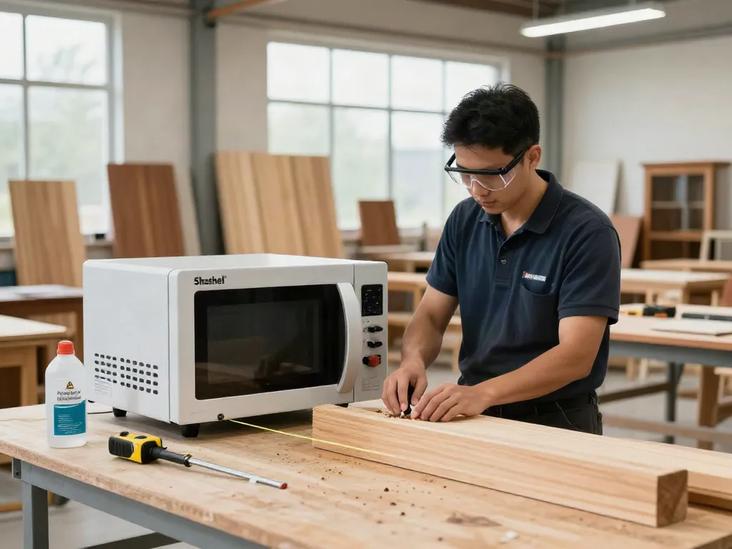 SHASHEL® microwave treatment system effectively eliminating wood-boring insects in a workshop setting.