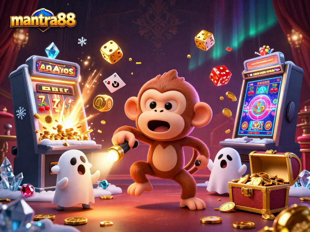 Enthralling poltergeist monkey and ghost-hunter puppy depicting mantra88 gambling thrills in a haunted casino.