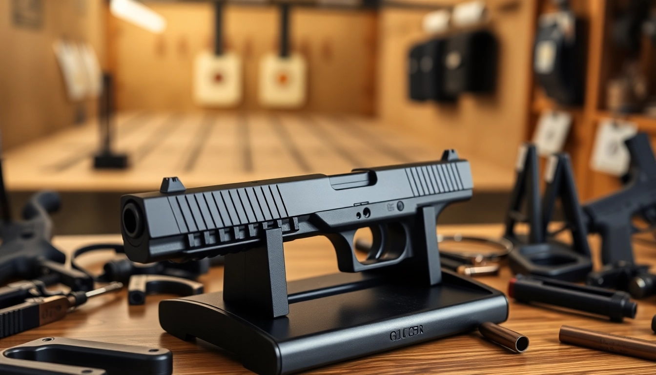 Showcase of a glock 26 gen 5 slide on display, highlighting precision craftsmanship and firearm accessories.