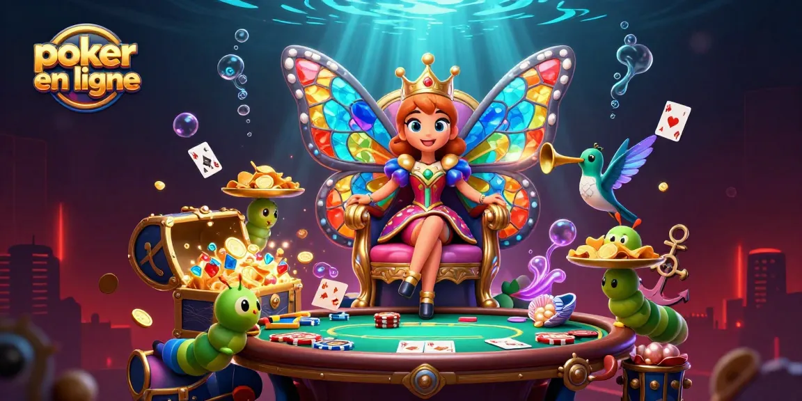 Plongez dans l'univers du poker en ligne avec cette illustration colorée et dynamique.