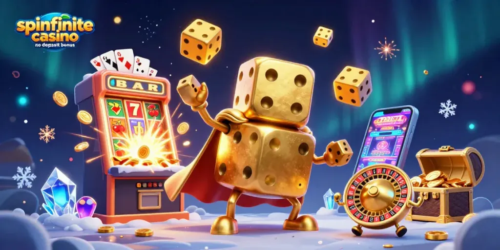 Experience the excitement of Spinfinite Casino no deposit bonus with animated golden dice and slot machines bursting with coins.