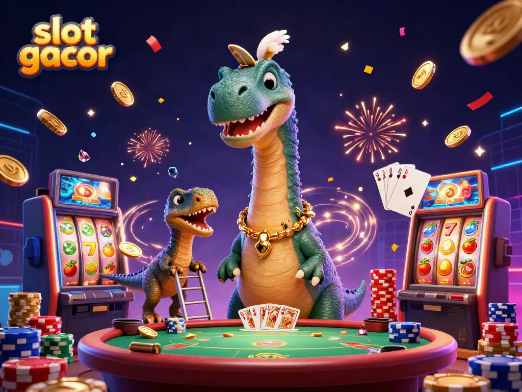 Experience thrilling gameplay with slot gacor as brontosaurus peeks at poker action under confetti.