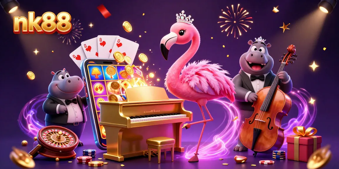 Play slots and win with nk88's vibrant casino illustration featuring singing flamingos and gaming elements.
