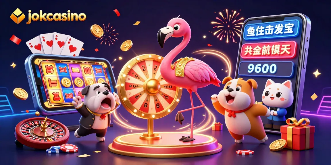 Engage with jokacasino's vibrant 3D casino illustration featuring a flamingo host and bulldog contestant.