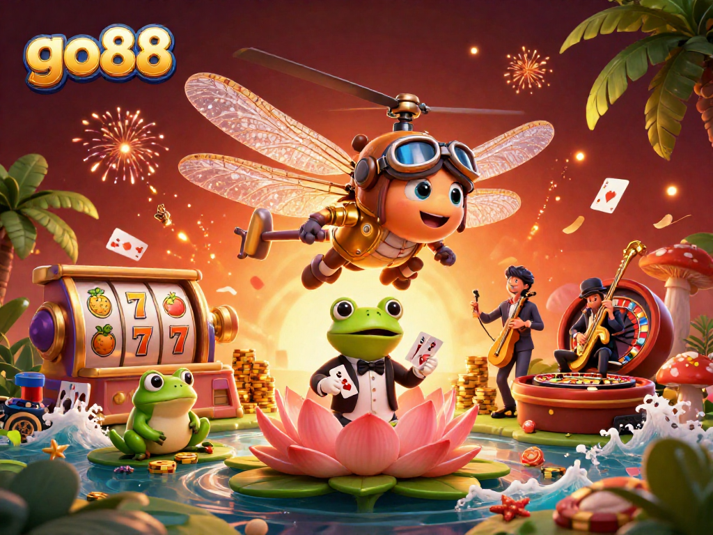 Experience thrilling games at go88 with a vibrant casino scene featuring dragons and frog croupiers.