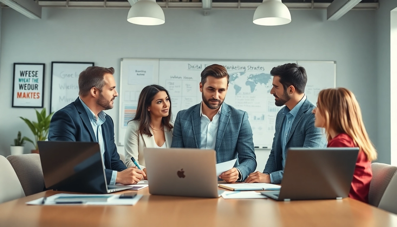 Marketing director strategizing with team members in a modern office.
