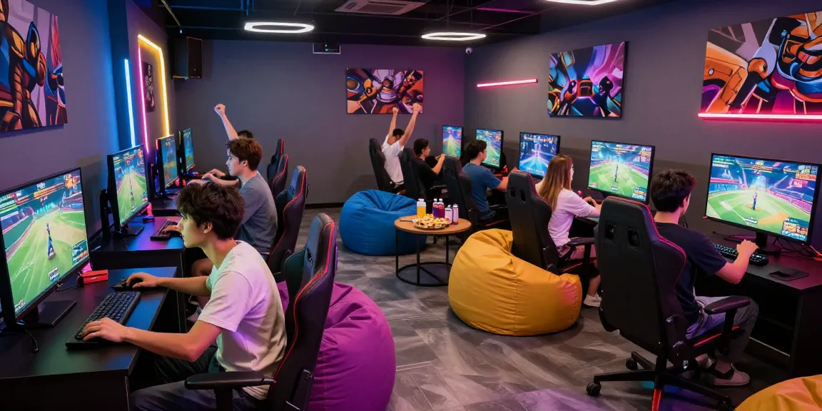 Bola88 gaming lounge filled with players enjoying immersive digital games in vibrant settings.