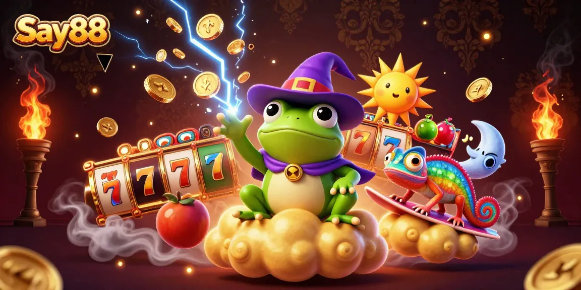 Shoot for glory at Say88 with a vibrant 3D scene showcasing a wizard frog and chameleon amid golden coins.
