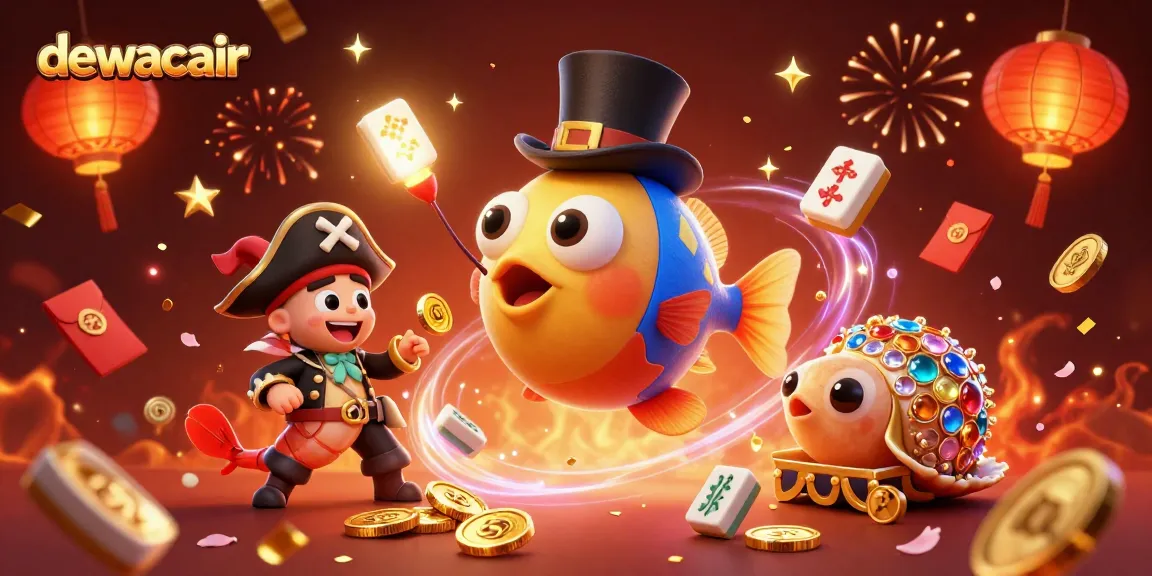 Engage in thrilling gameplay with dewacair, featuring vibrant 3D characters and festive decorations in a casino setting.